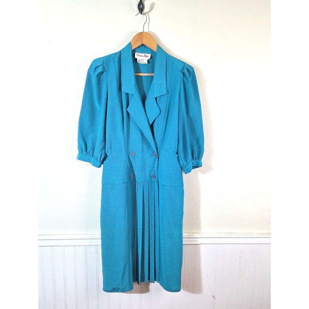 Vintage 80s Petites For Maggy Teal Polka Dot Midi Dress Womens 8 Secretary